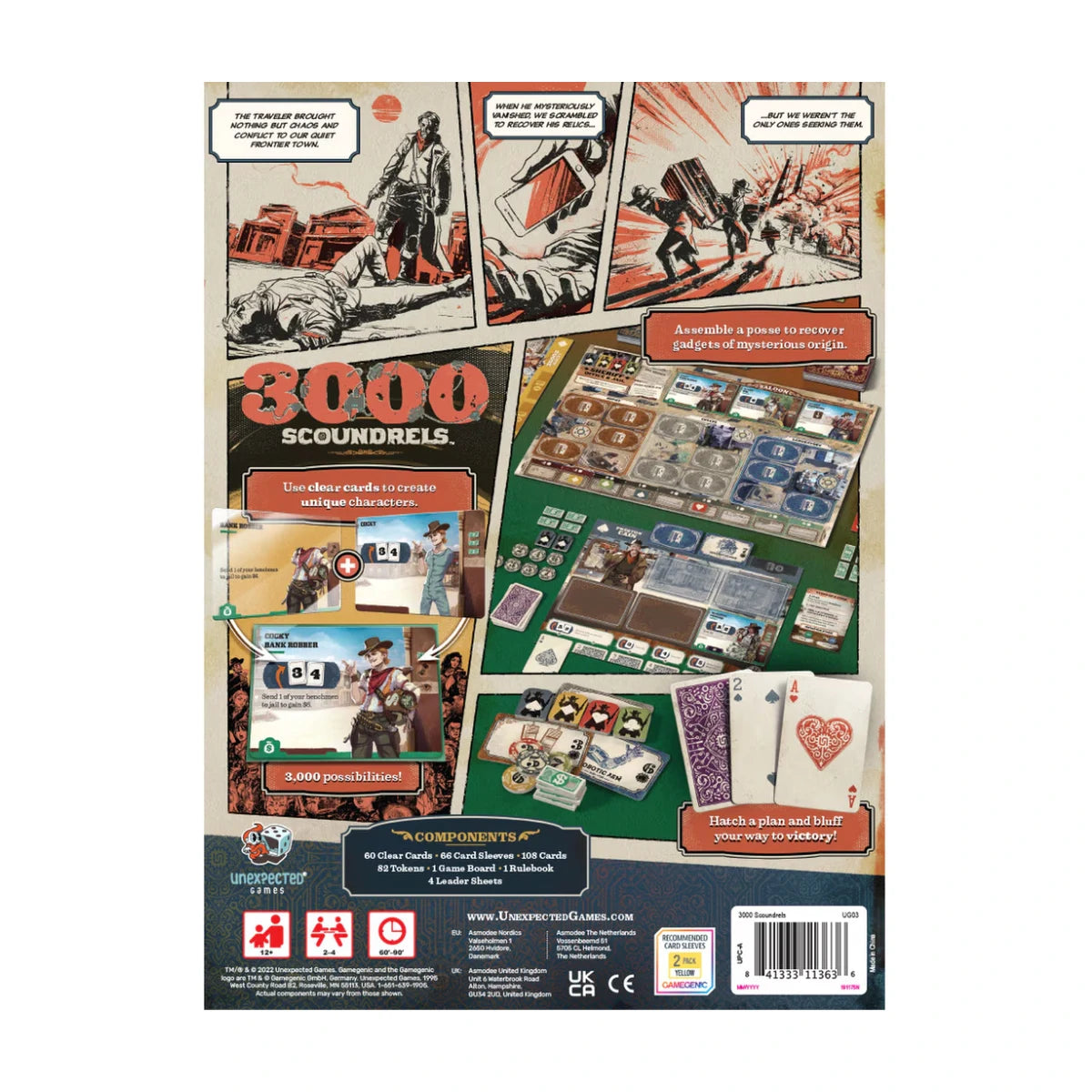 Back of 3000 Scoundrels board game box with gameplay overview