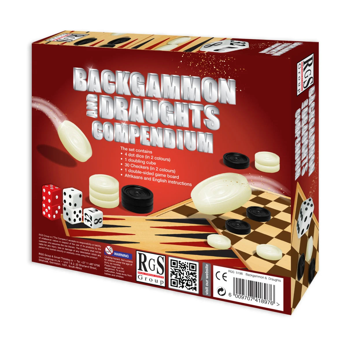 Backgammon and draughts compendium box packaging – contents and classic 2-player board games