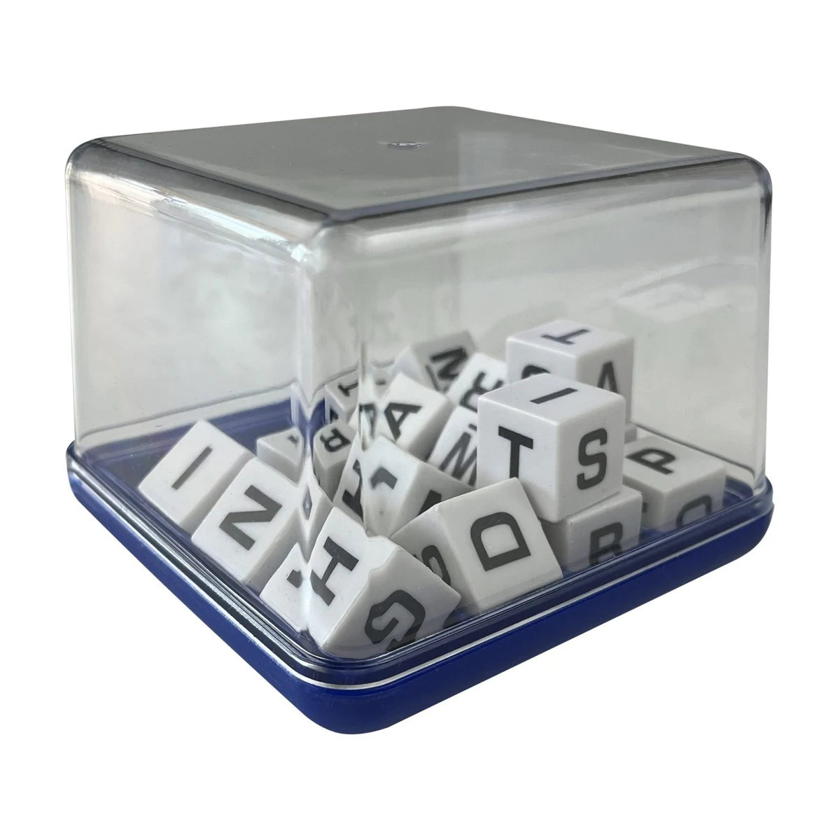 Boggle cubes inside clear storage lid close-up, shows letters and blue base