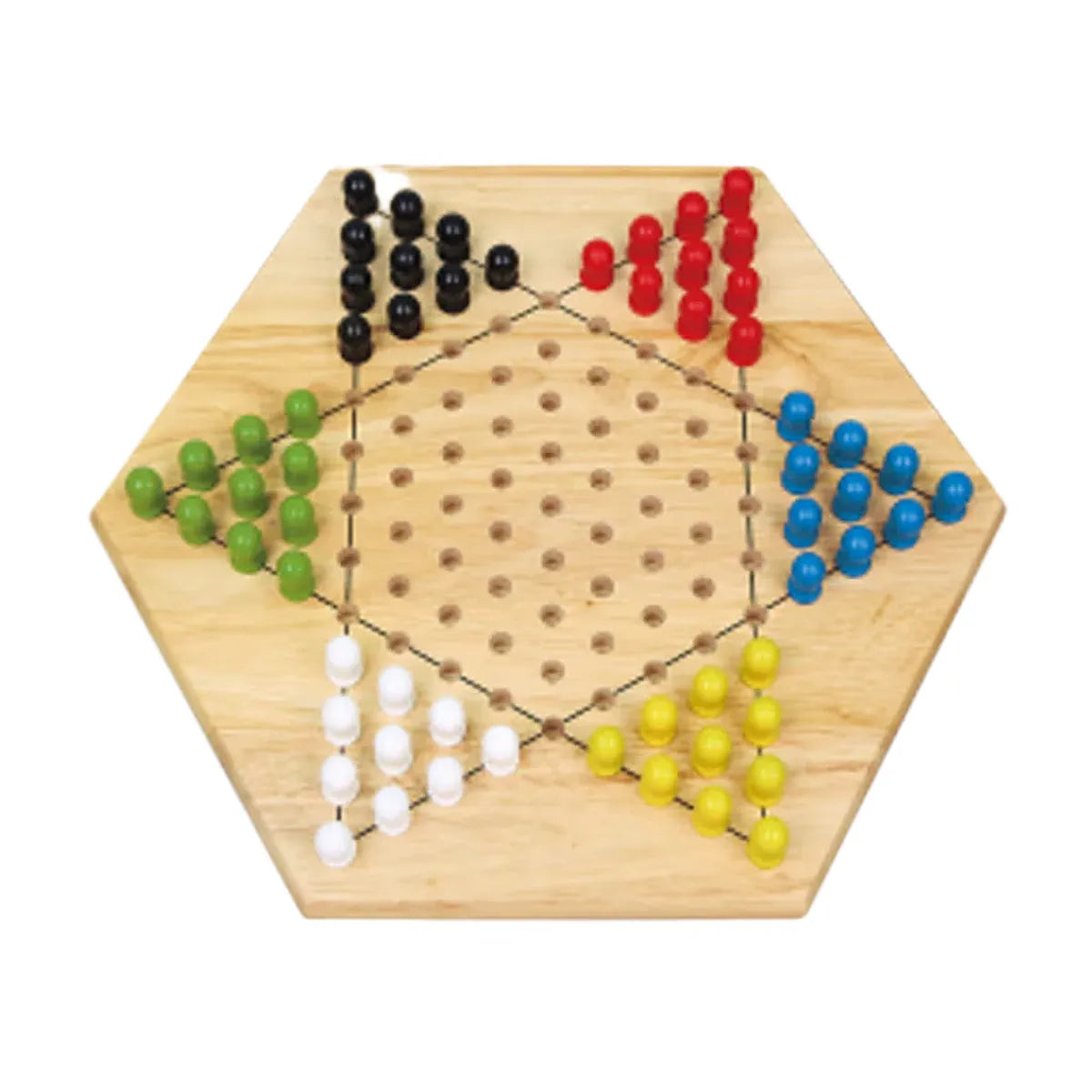Top view of wooden Chinese checkers board with red blue green yellow white black pawns