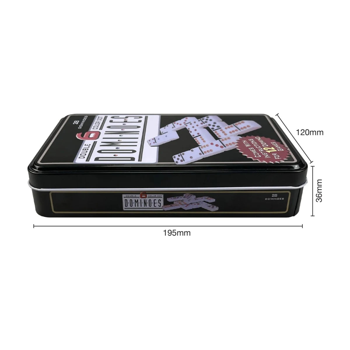 Domino tin size guide showing 195mm by 120mm by 36mm dimensions