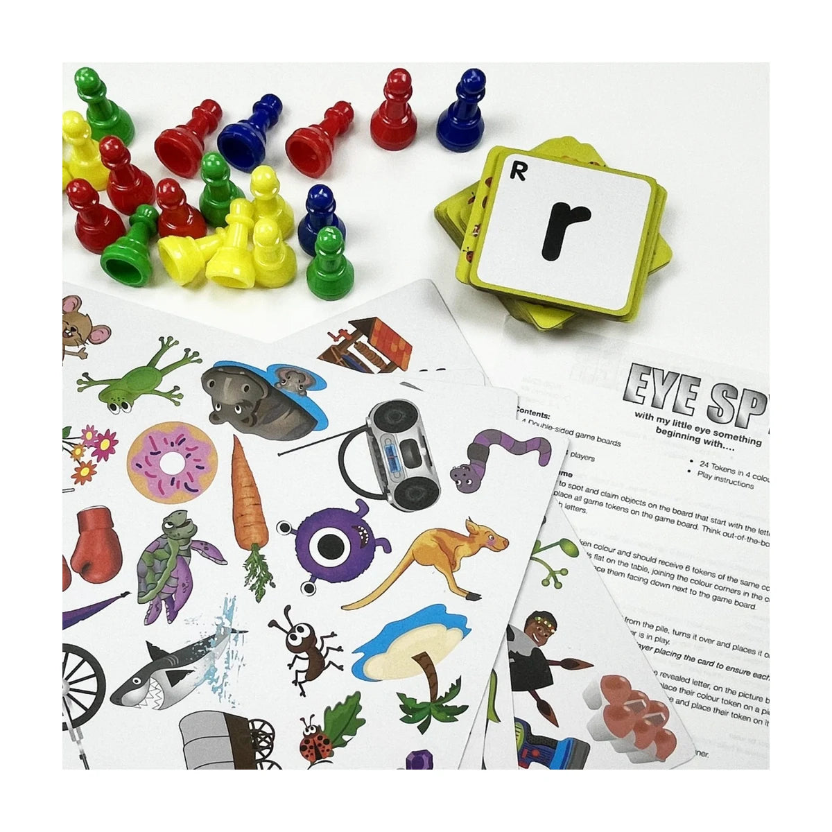 Eye Spy instruction sheet and tiles/pawns showing included set and rules