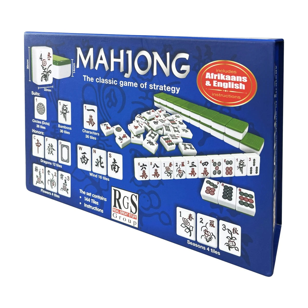 Mahjong game box front view with tile illustrations, classic strategy set for family nights