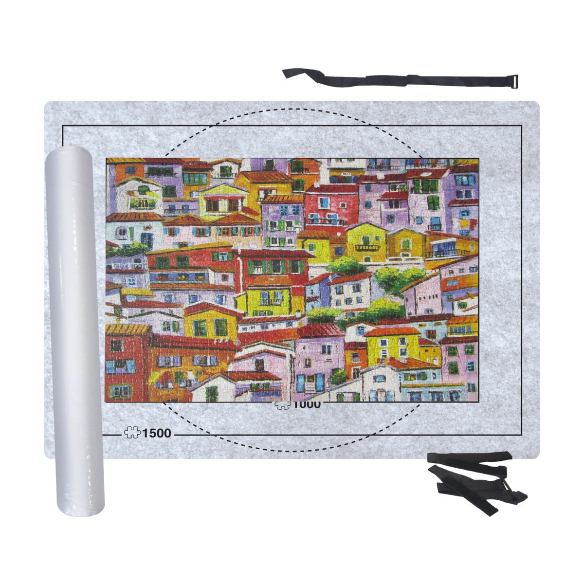 Puzzle roll-up mat packaging box showing storage mat set for puzzles up to 1500 pieces