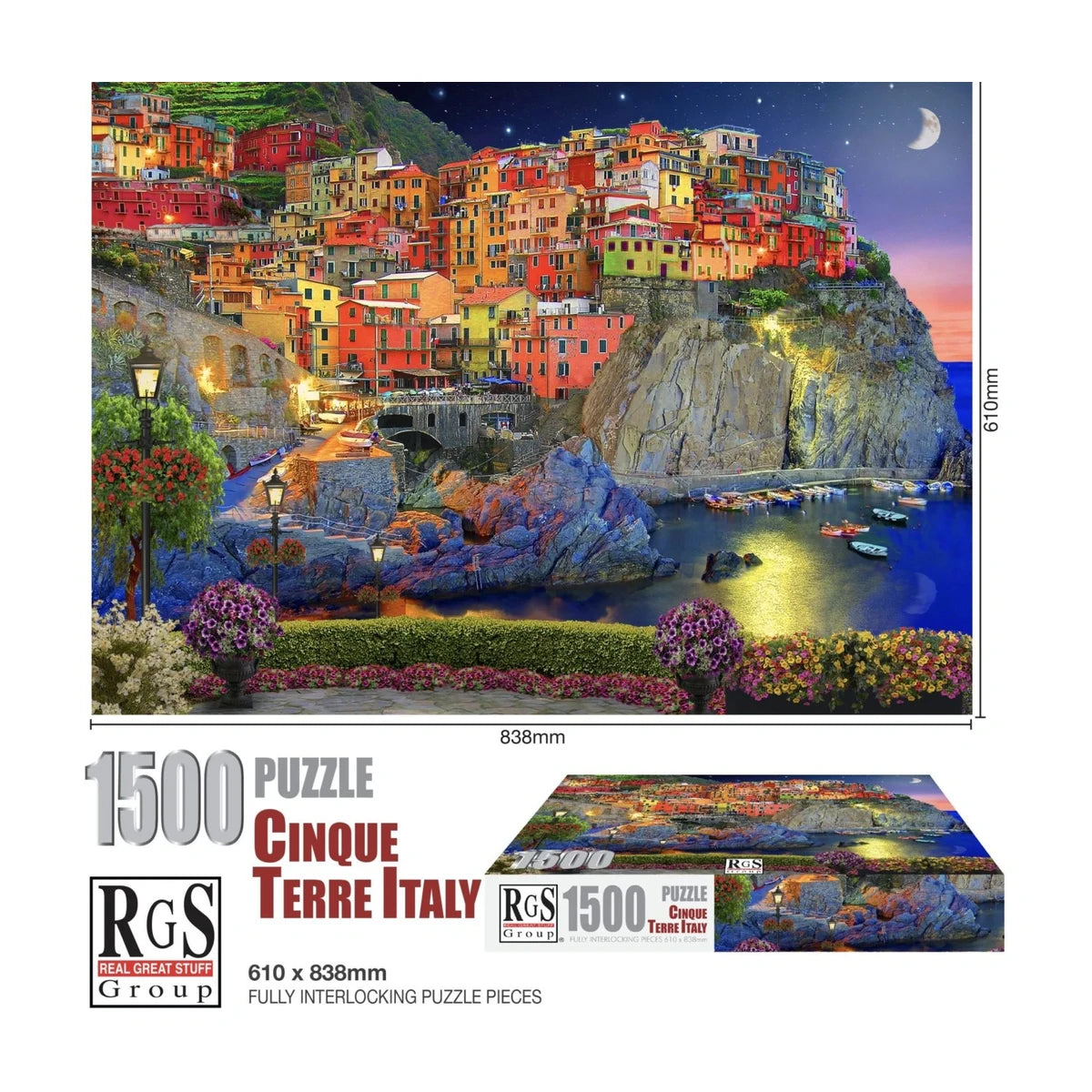 RGS Cinque Terre Italy 1500pc puzzle size guide showing completed size 838 x 610mm