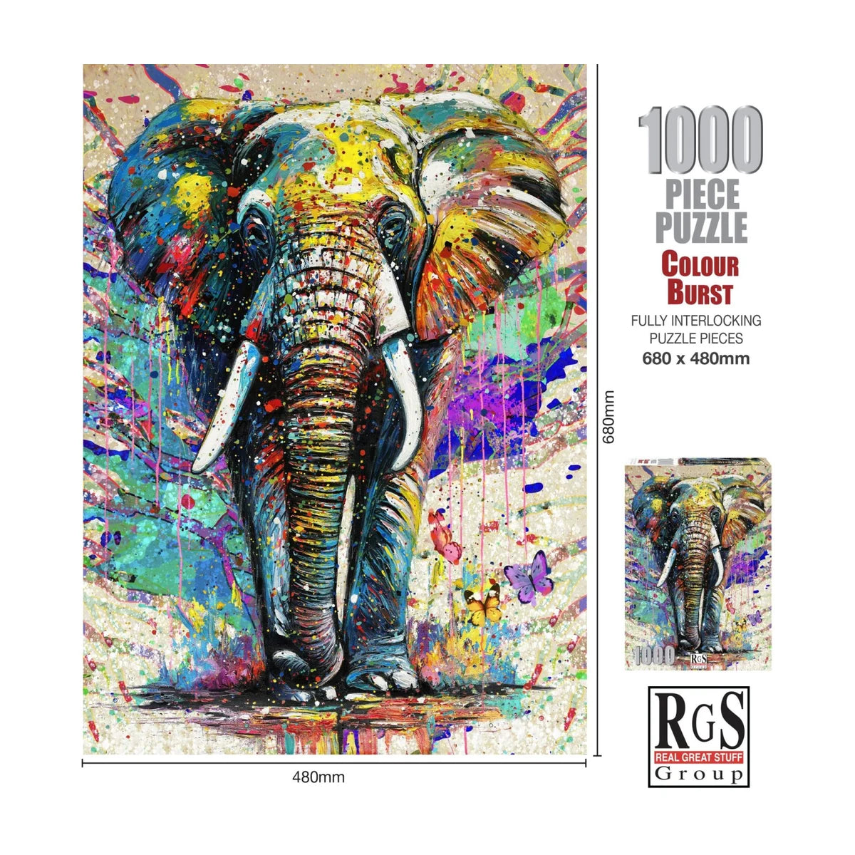 RGS Colour Burst 1000 piece puzzle finished size 680 x 480mm with product size guide