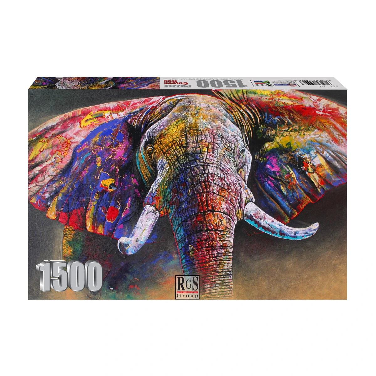 RGS Colour Run 1500 piece jigsaw puzzle box featuring colourful elephant artwork Afrishon World