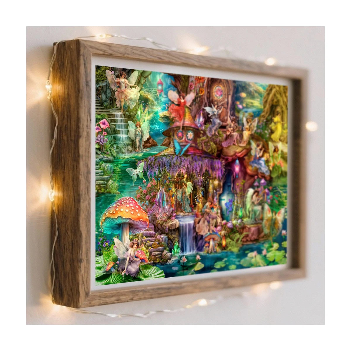 RGS Enchanted Fairyland 500 piece puzzle shown framed as colourful fantasy wall art with fairy lights in a room setting