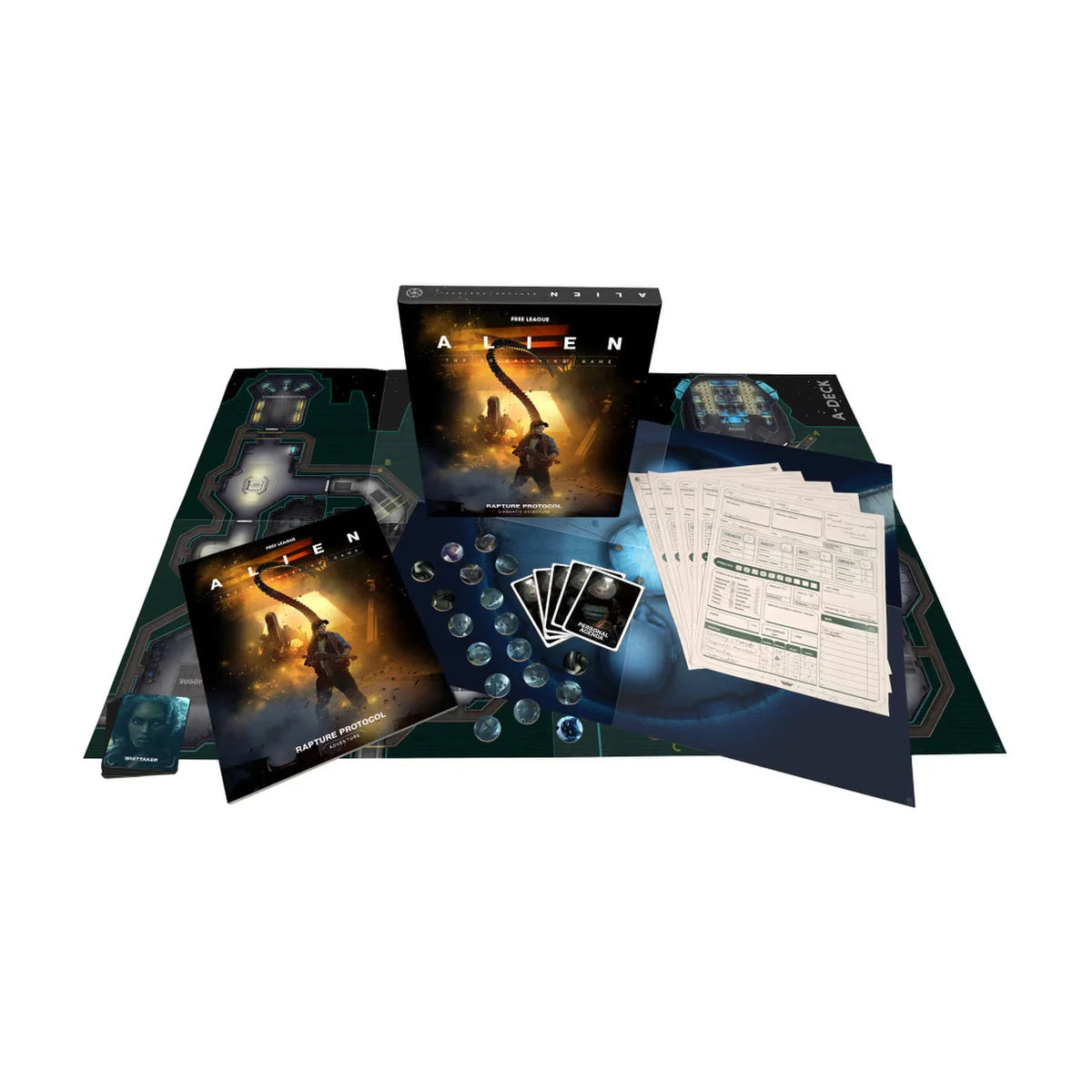 ALIEN RPG Rapture Protocol cinematic adventure boxed set contents with maps cards tokens and character sheets
