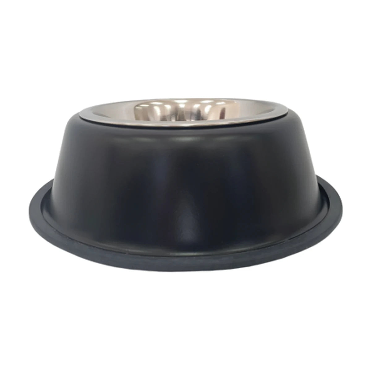 945 ml anti-skid detachable pet bowl with a dark charcoal black outer holder, polished stainless steel interior and wide non-slip base, shown from the side on a white background for cat and dog feeding.