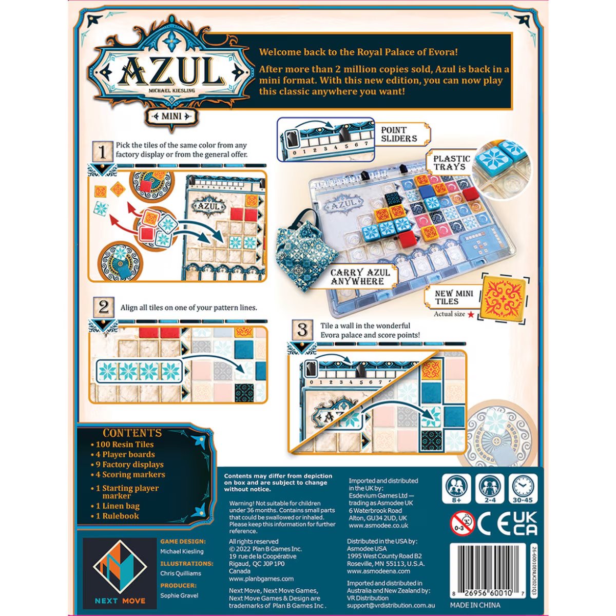 Back of Azul Mini board game box showing gameplay steps contents and portable features