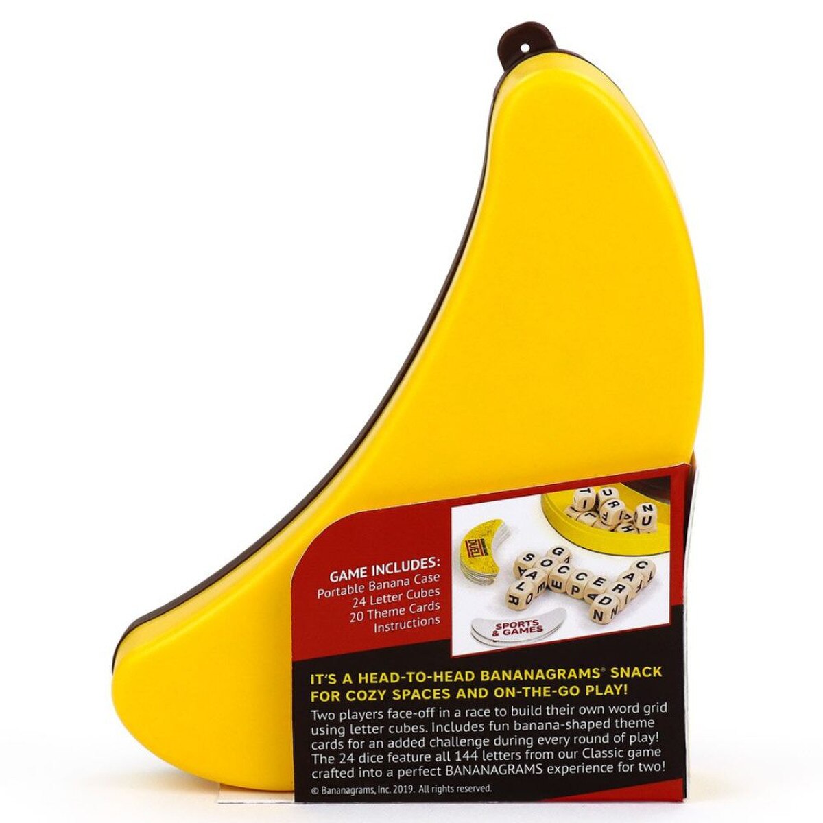 Bananagrams Duel word game back of case showing contents and play style