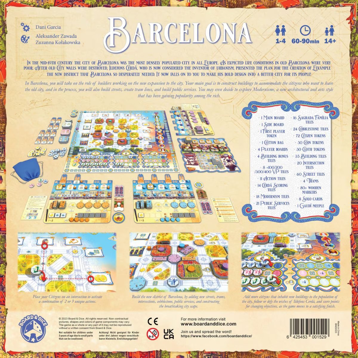 Barcelona board game back of box showing gameplay overview components and 1 to 4 player strategy details