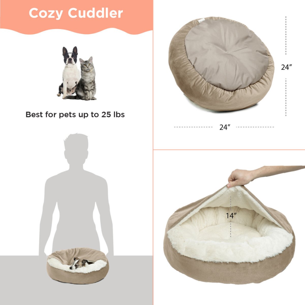 Best Friends by Sheri Cozy Cuddler Ilan Small dog and cat bed size guide showing 61 × 61 cm dimensions, 35.6 cm hood opening height and suitability for pets up to 11.3 kg.
