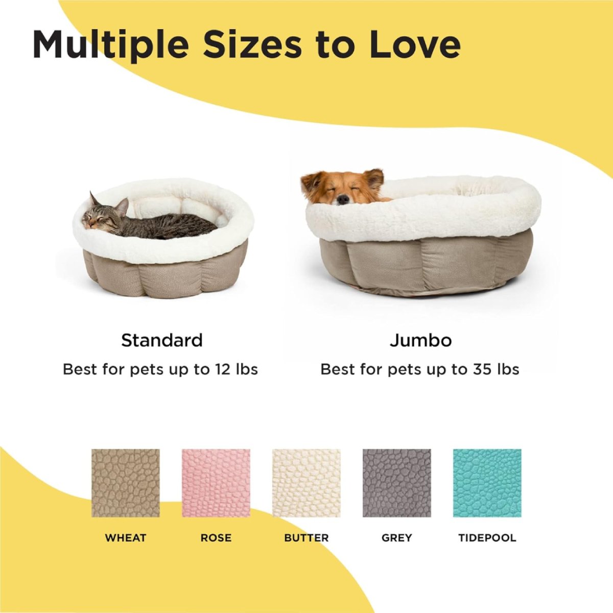 Best Friends by Sheri Cuddle Cup Ilan dog and cat beds in Wheat, showing a sleeping cat in the Mini size and a resting dog in the Jumbo size, with size and colour options displayed.