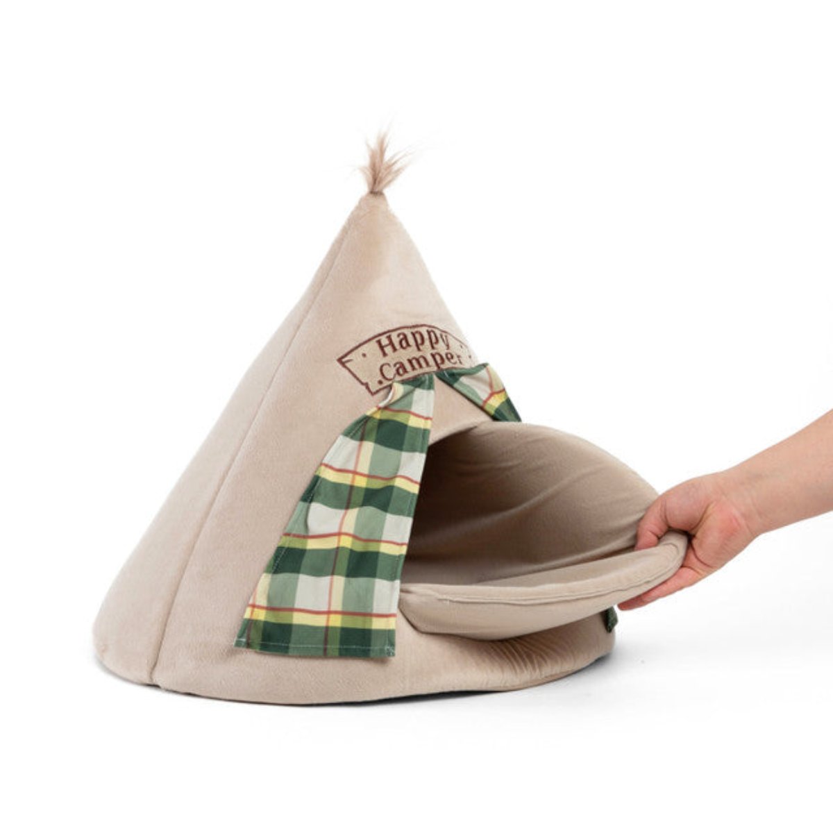 Best Friends by Sheri Meow Hut Happy Camper Wheat cat bed showing the removable padded interior cushion being lifted from the teepee-style cat hideaway.