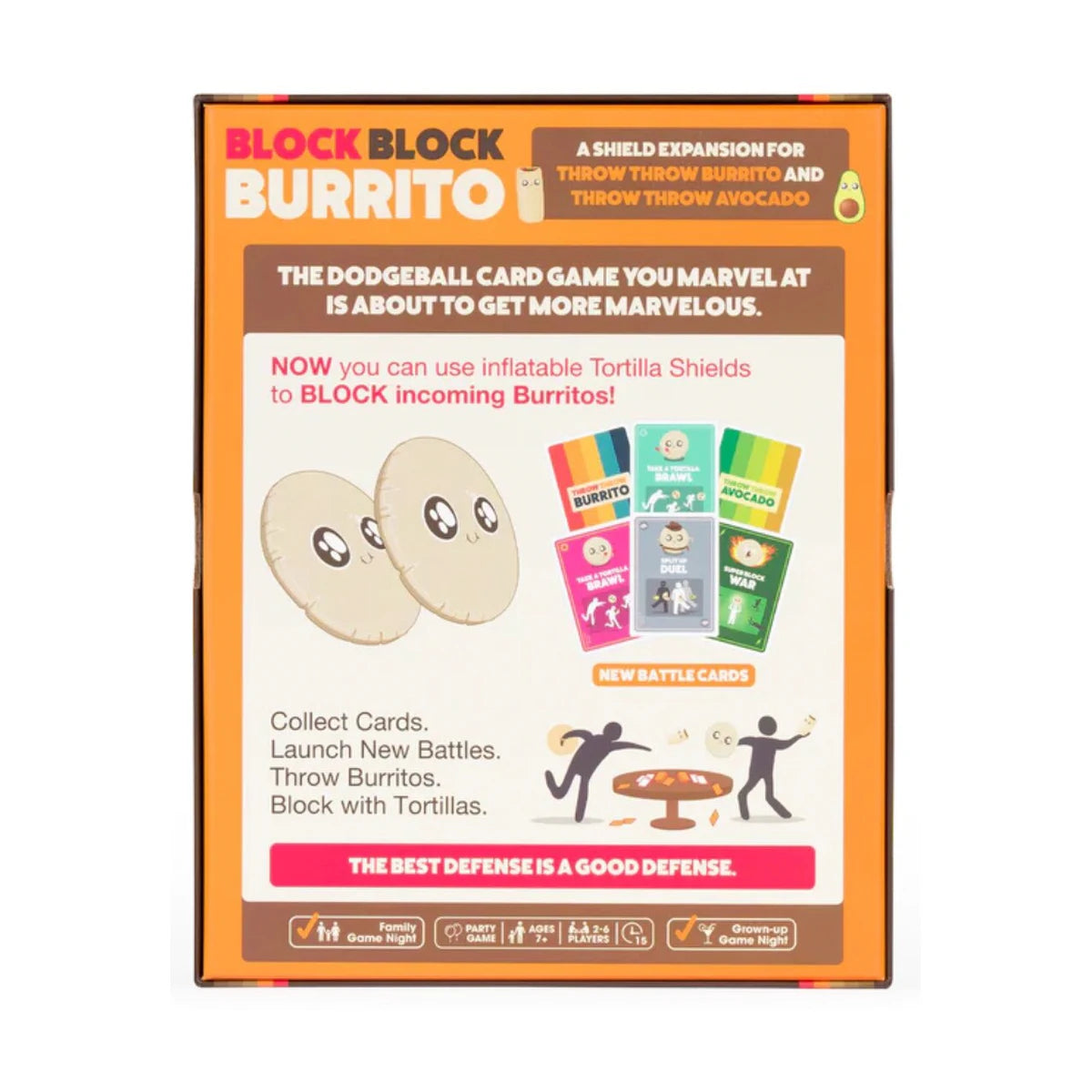Block Block Burrito back of box showing new battle cards tortilla shields and expansion gameplay details