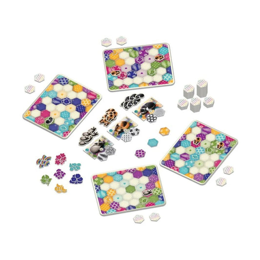 Calico board game components including quilt boards, patch tiles, cat tokens, buttons, and player pieces