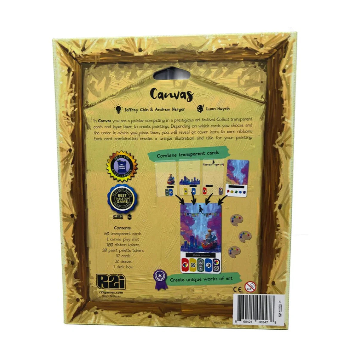 Back of Canvas Deluxe Edition board game box showing transparent card layering and example painting creation