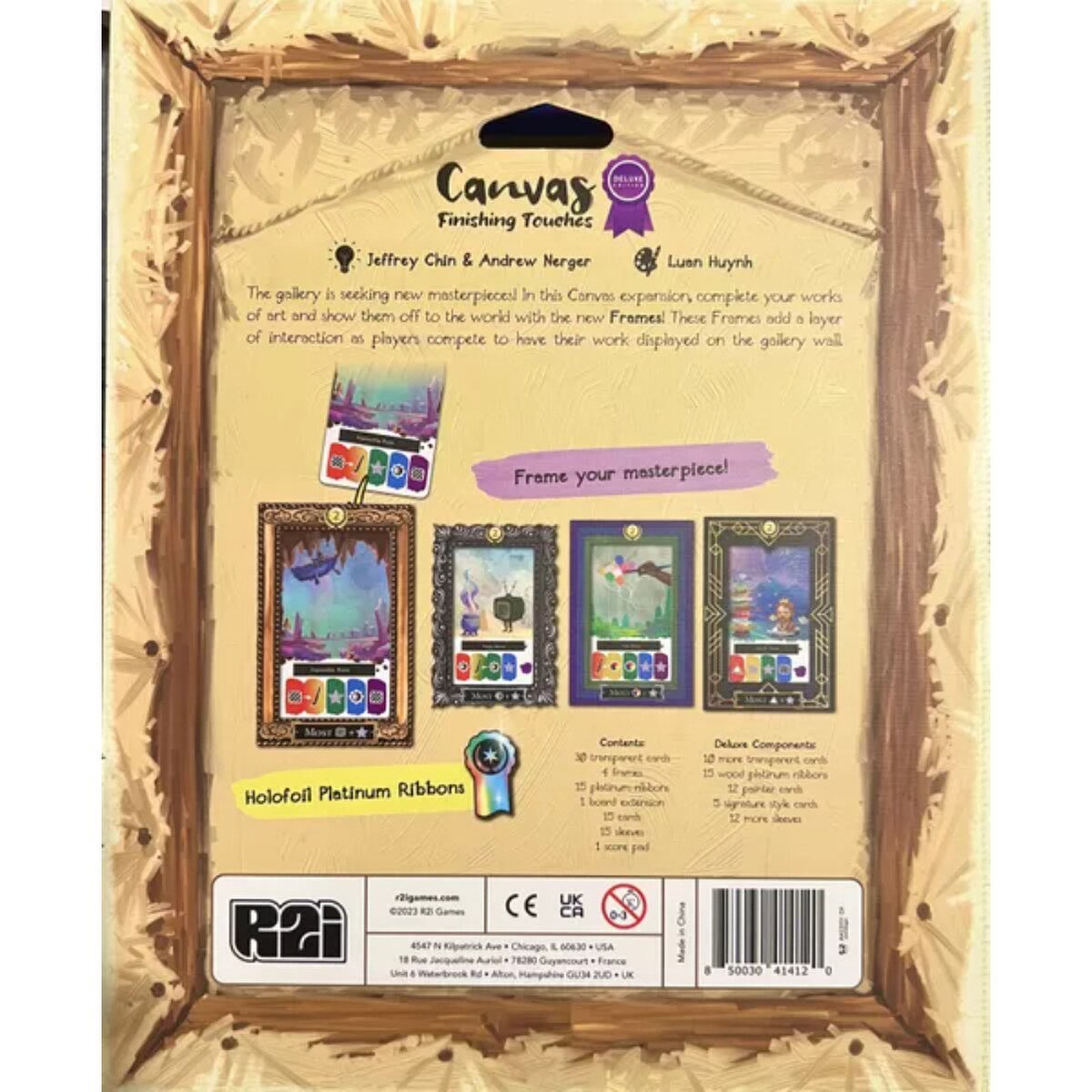 Back of Canvas Finishing Touches Deluxe Edition expansion box showing framed painting examples, component list, and deluxe content details