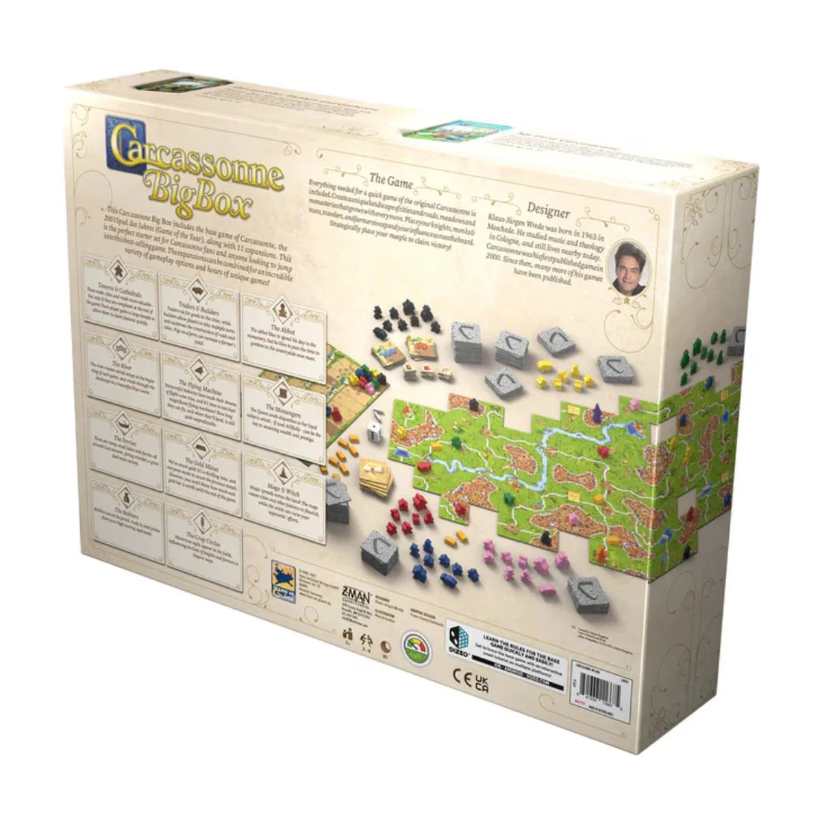 Carcassonne Big Box 2025 board game box back showing contents and expansions