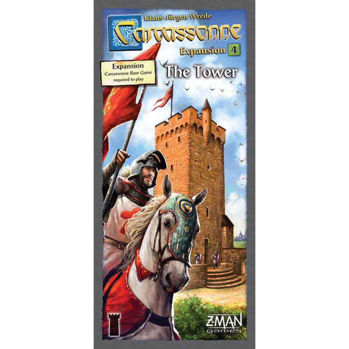 Carcassonne Expansion 4 The Tower box cover for the tile-laying strategy board game expansion with tower building and meeple capture