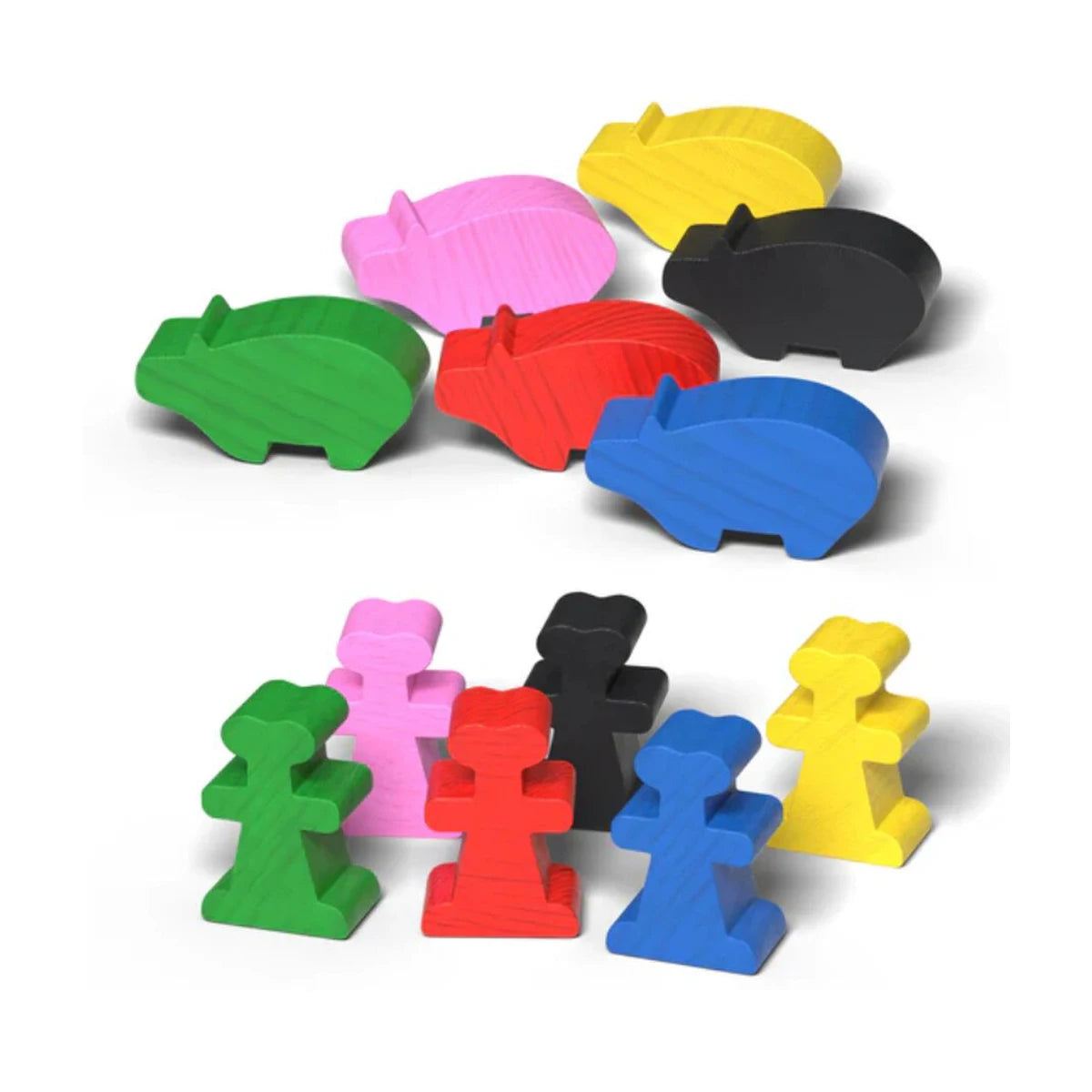 Carcassonne Traders and Builders wooden builder meeples and pig meeples in six player colours