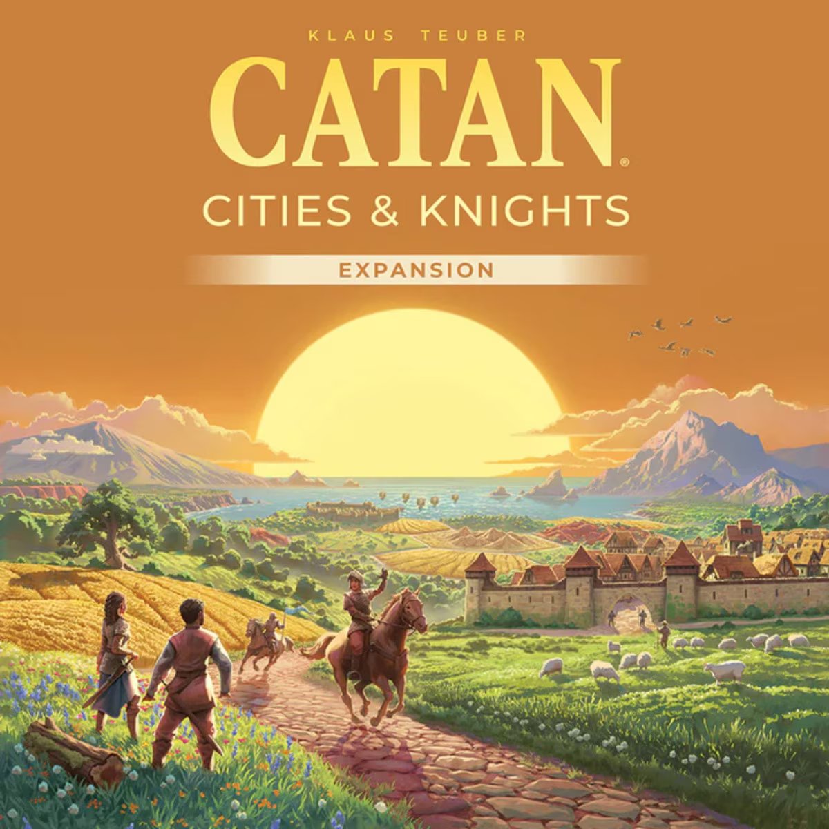 CATAN Cities and Knights 6th Edition expansion cover art with Catan island and sunset landscape