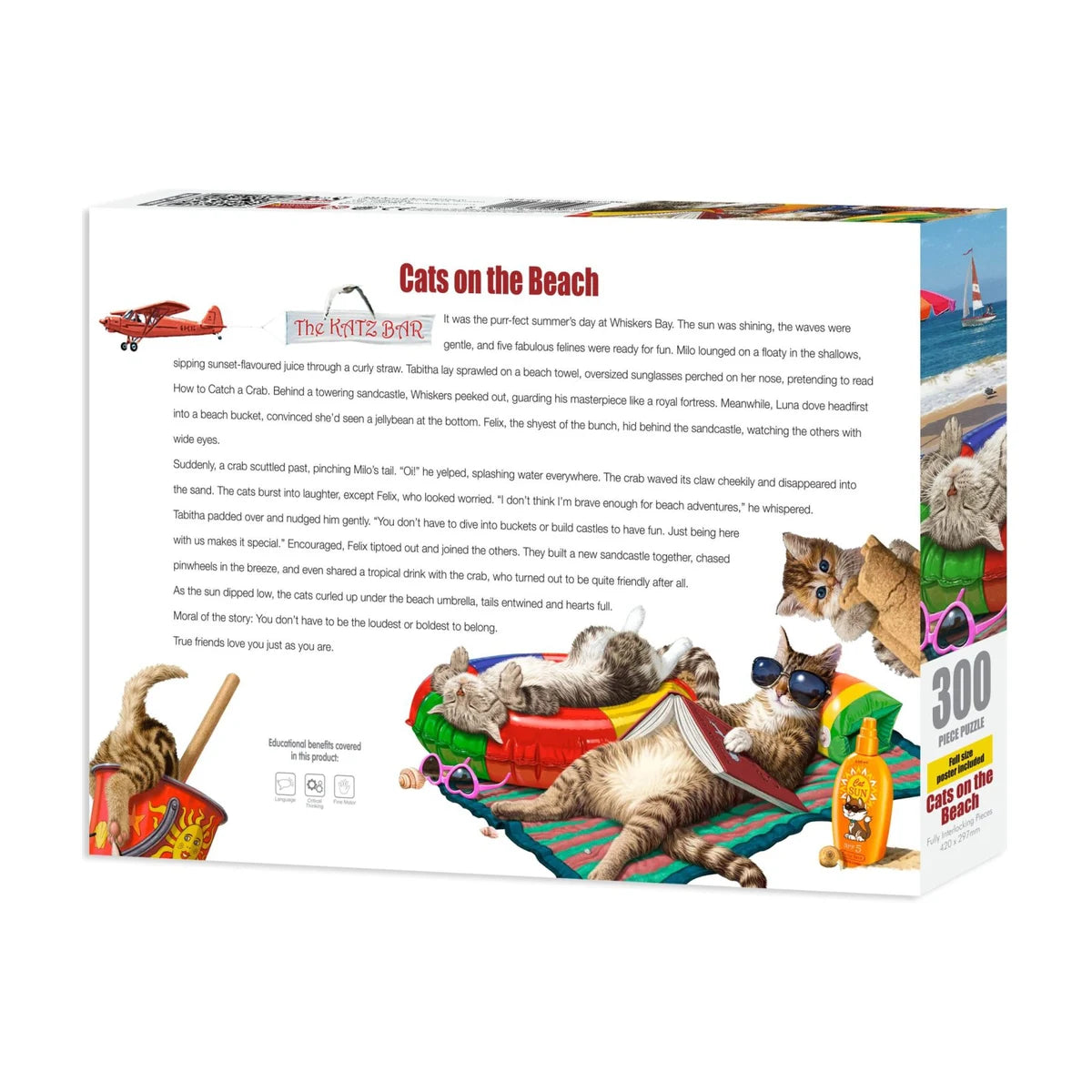 Back of Cats on the Beach 300 piece puzzle box showing story and educational benefits