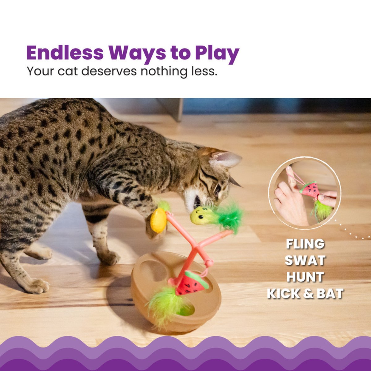 Catstages Hunt N Wobble Fruit Bowl showing fling swat hunt kick and bat play options