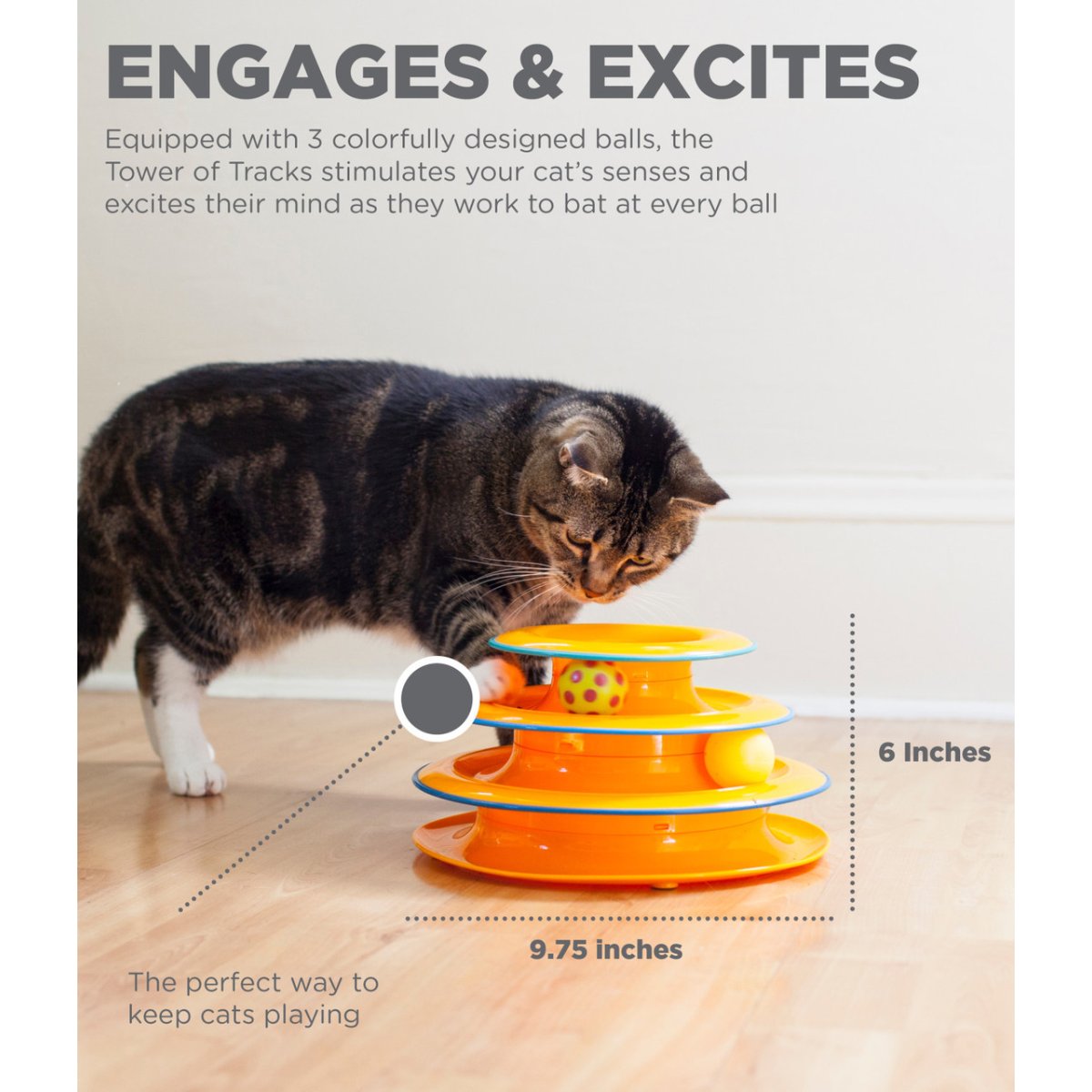 Catstages Tower of Tracks Cat Toy showing 6 inch height and 9.75 inch width dimensions