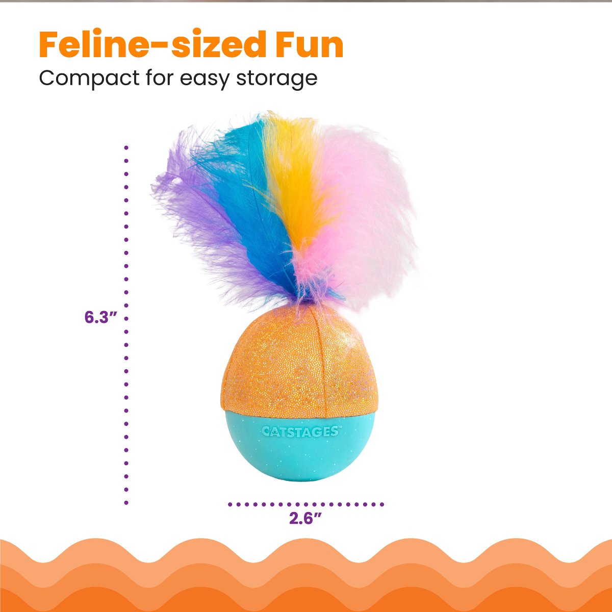 Catstages Whack N’ Wobble Ball size guide showing 6.3 inch height and 2.6 inch width