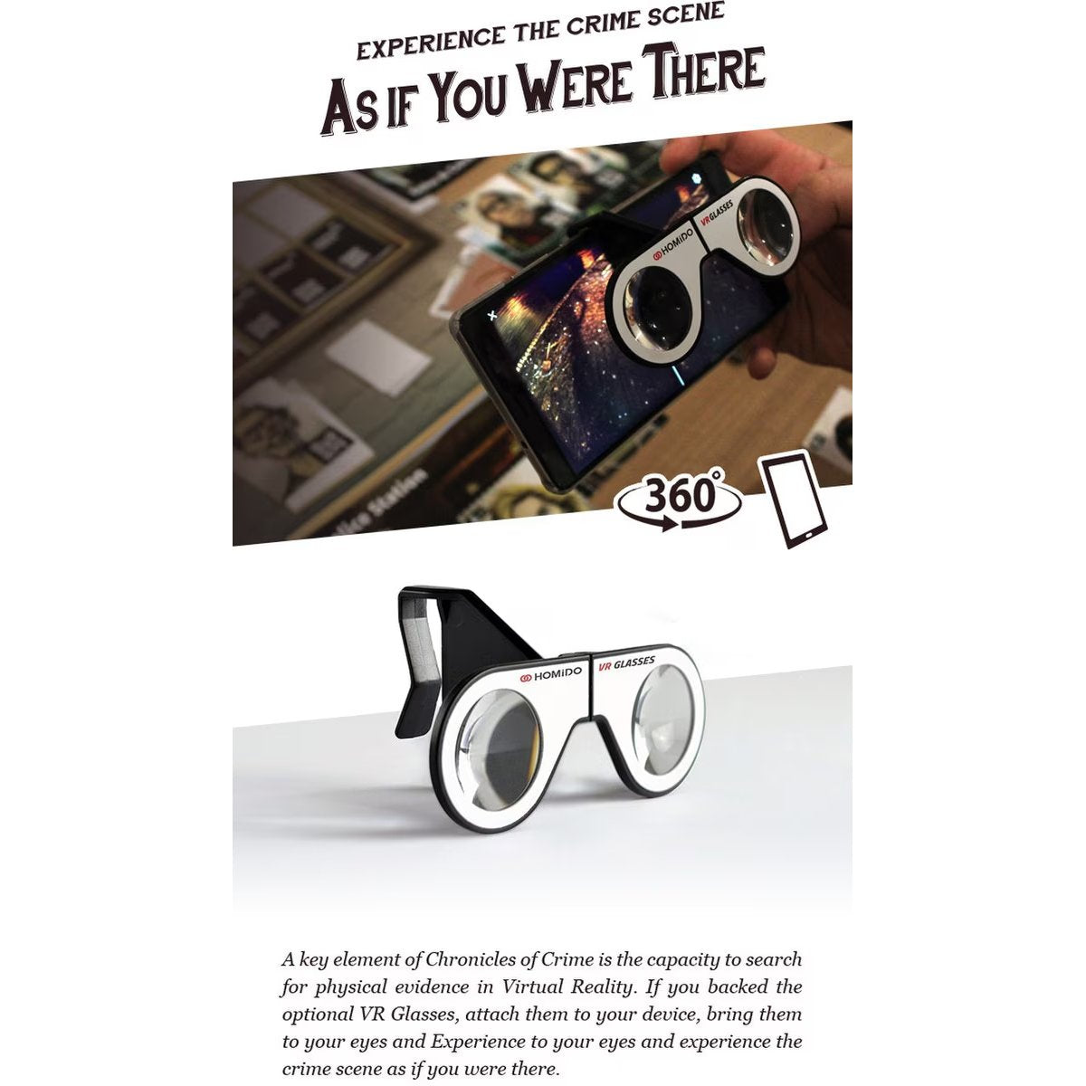 Chronicles of Crime VR Glasses showing smartphone 360 crime scene viewing for immersive detective investigation gameplay