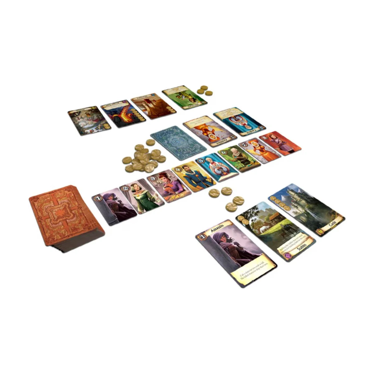 Citadels Revised Edition cards and gold coins laid out for play