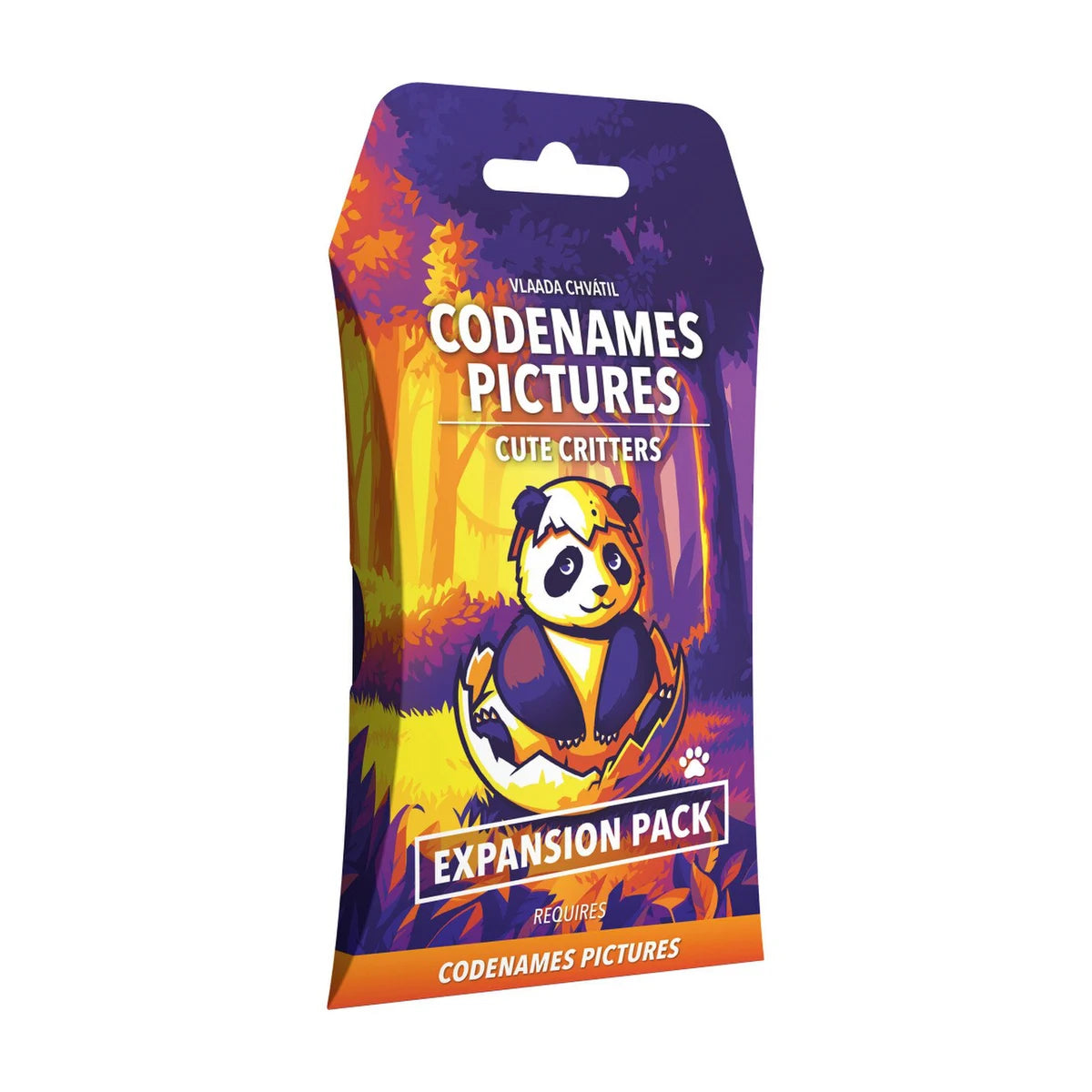 Codenames Pictures Cute Critters Expansion Pack shown at an angle with panda and forest artwork