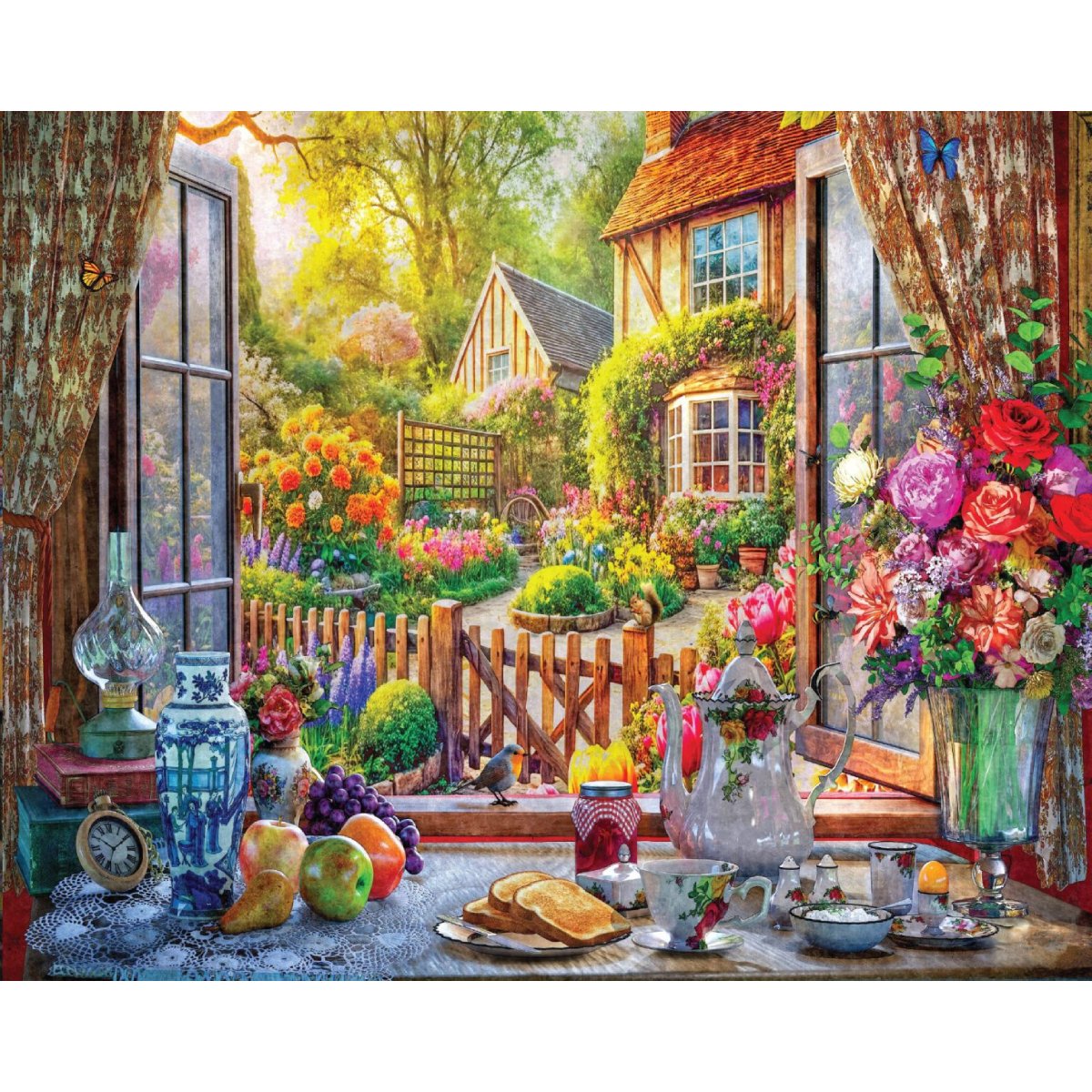 Completed Country Breakfast 1500pc jigsaw puzzle artwork showing breakfast table, flowers, cottage garden and countryside view