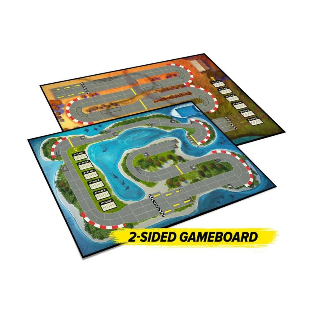Downforce Wild Ride Expansion double-sided game board showing two new race tracks with ramp and obstacle features