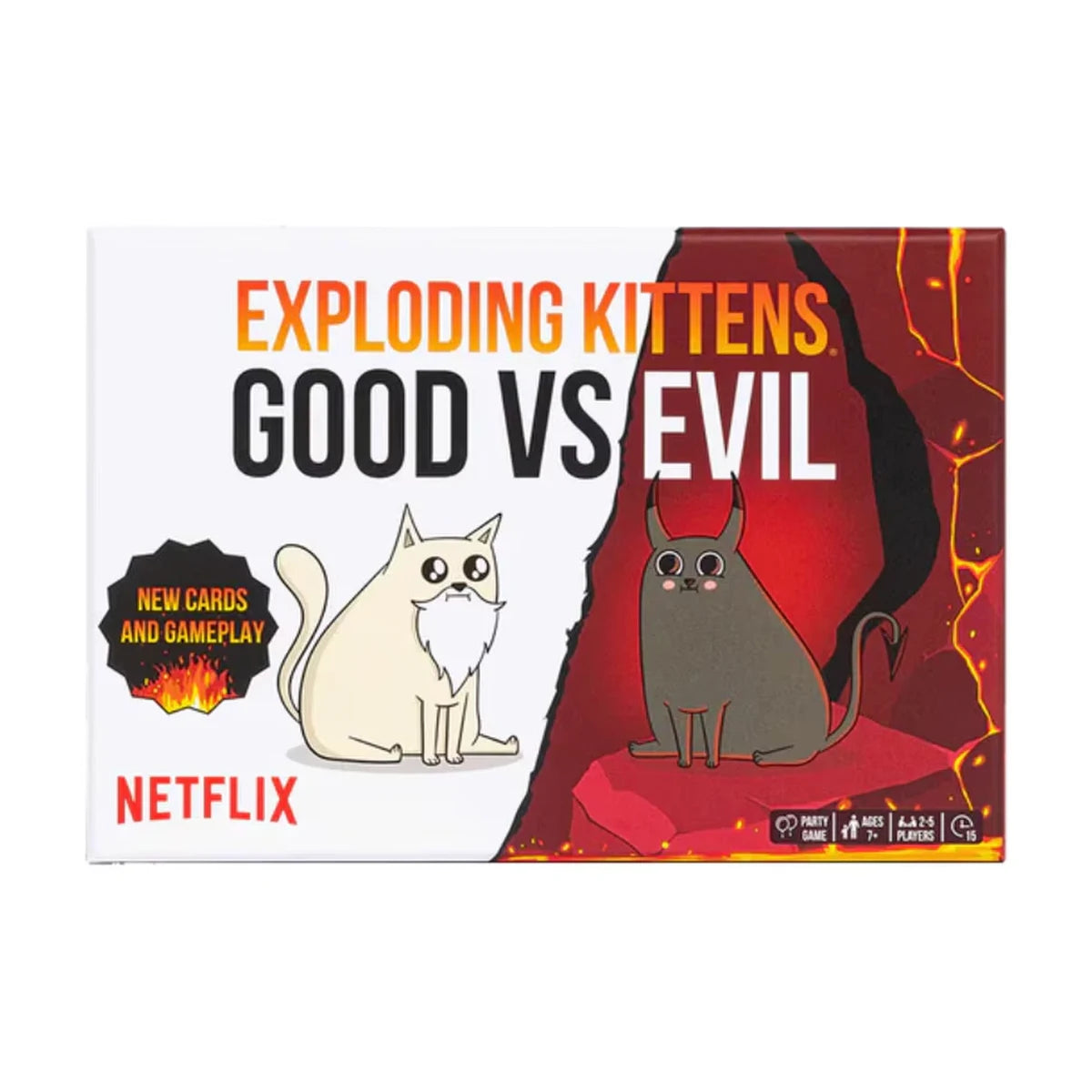 Front studio image of Exploding Kittens Good vs Evil card game box