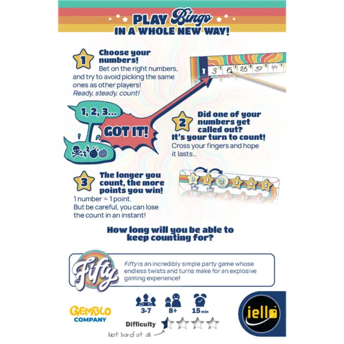 Fifty party card game back of box showing how to choose numbers, count, and score points