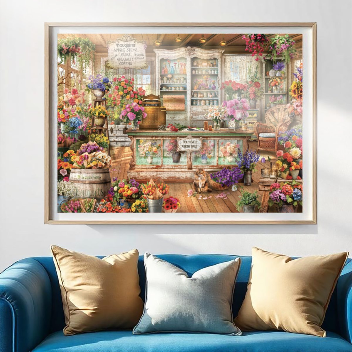 Florist Bouquets 1500pc jigsaw puzzle shown framed above a sofa with colourful flower shop artwork