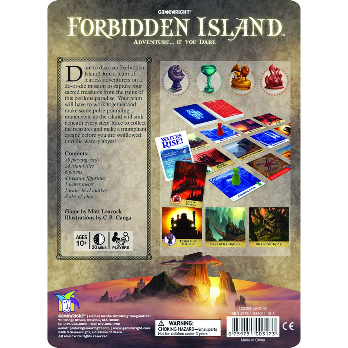 Forbidden Island board game box back with contents and gameplay overview