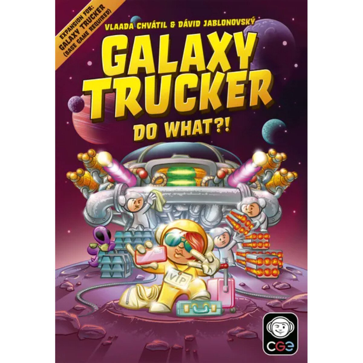 Galaxy Trucker Do What?! Expansion cover artwork with VIP astronaut and spaceship cargo scene