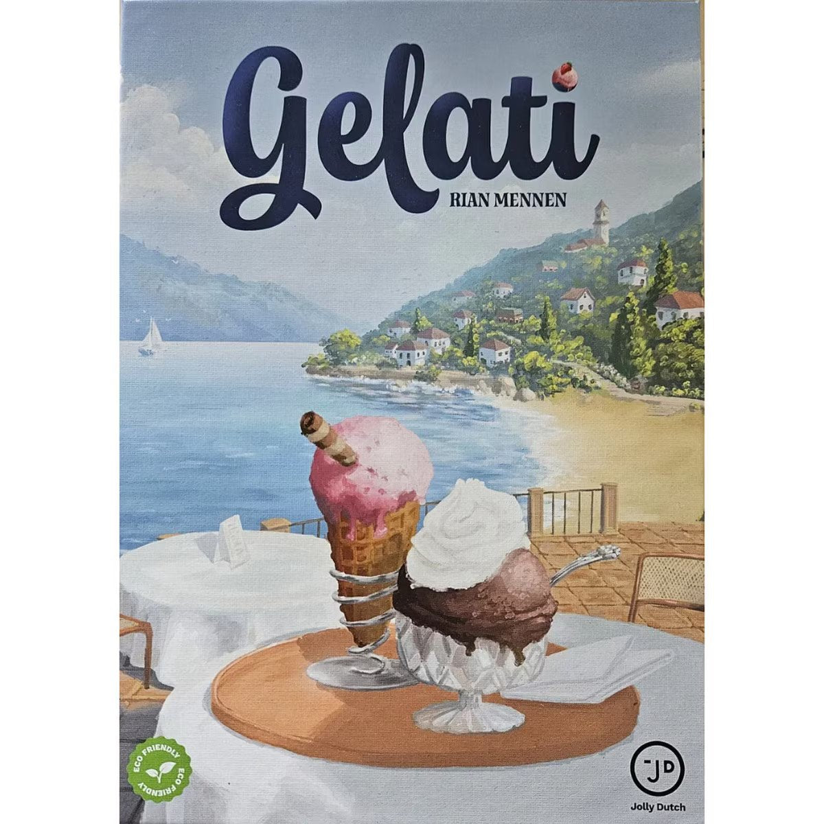 Gelati board game cover artwork showing colourful ice cream desserts overlooking a sunny coastal beach