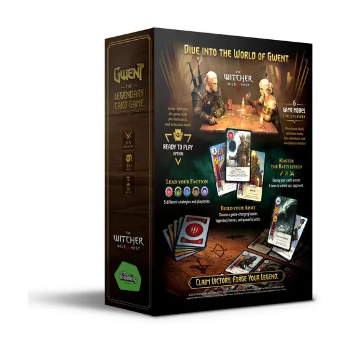 Back of Gwent The Legendary Card Game box showing factions, game modes, and gameplay features