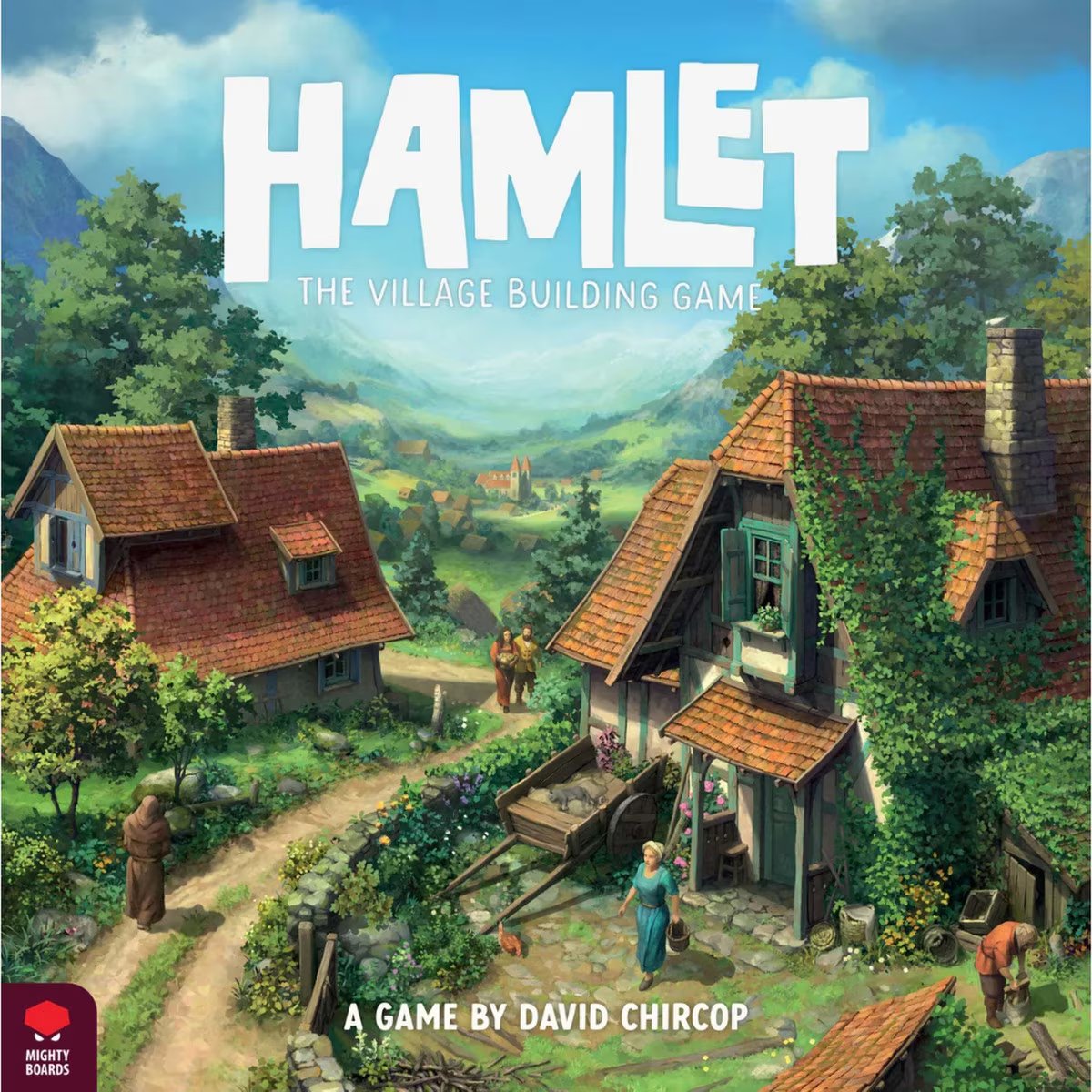 Hamlet The Village Building Game front cover artwork with countryside village houses and mountain scenery