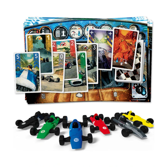 Heat Pedal to the Metal board game components with race cars cards and player boards