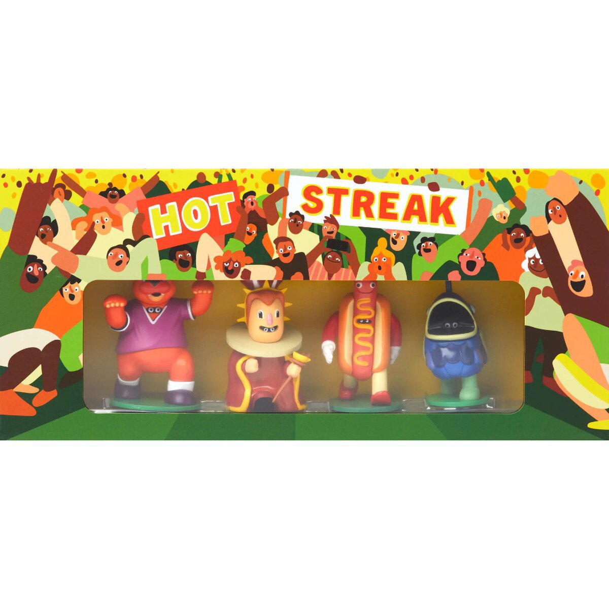 Four colourful mascot figures included with the Hot Streak racing party game