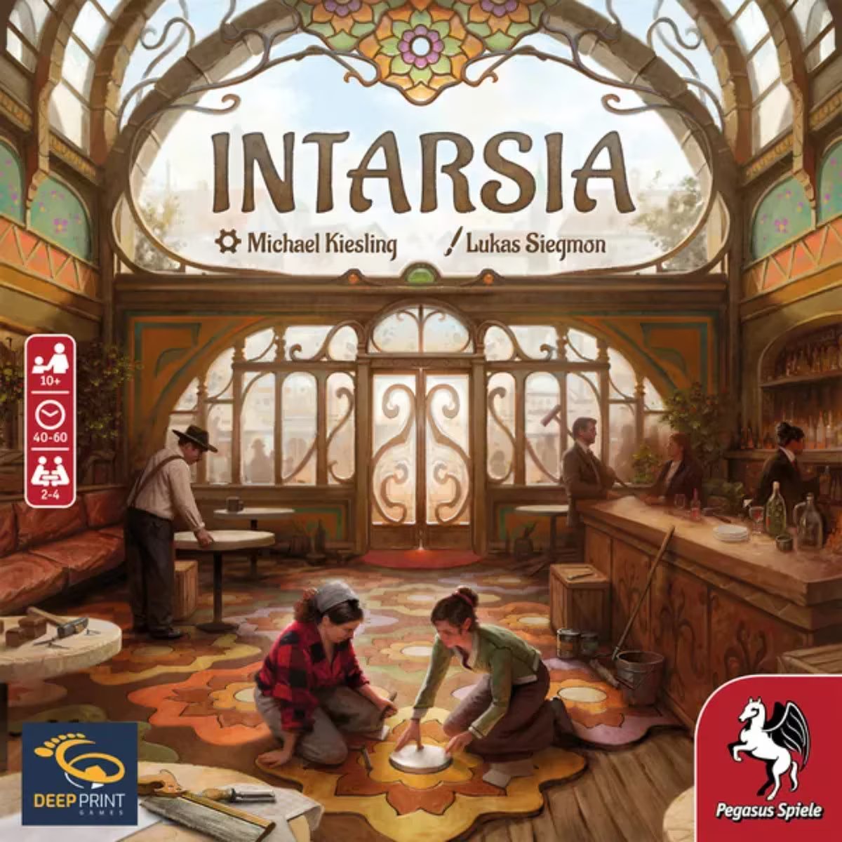 Intarsia board game box cover showing the Café de Paris parquet floor theme