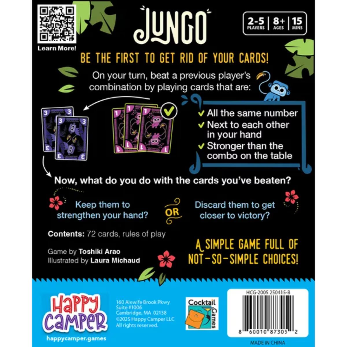 Jungo card game box back explaining adjacent combinations, stronger plays and the choice to keep or discard beaten cards