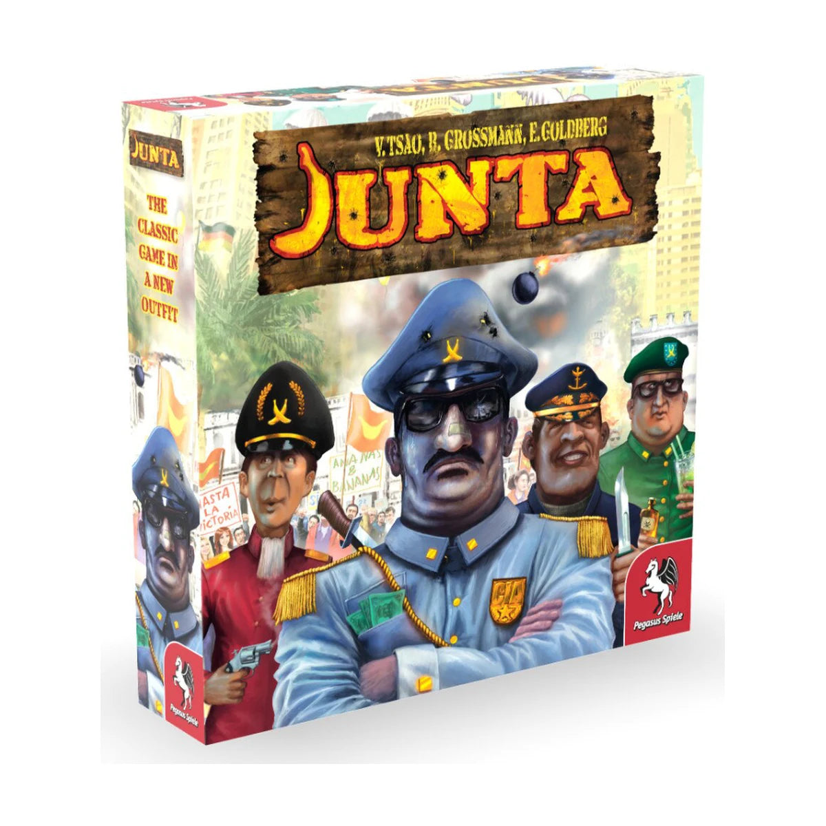 Junta board game box front showing the Pegasus Spiele political satire game artwork
